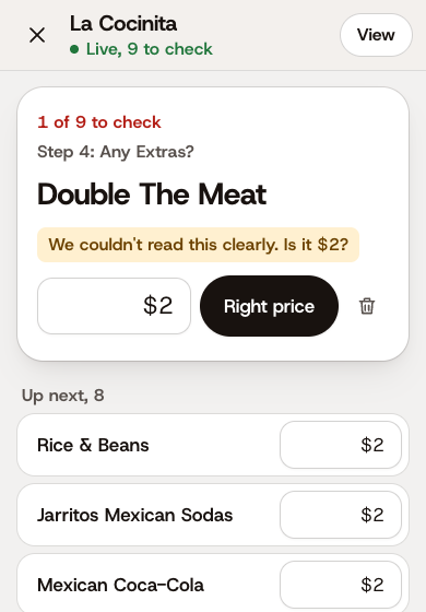 The price check in Full Room: a food truck menu read from one photo, with the prices that wait for the owner to confirm