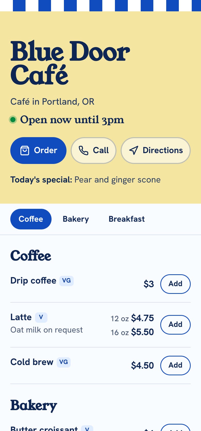 Blue Door Café's menu site: open now, Order, Call, Directions, then the menu